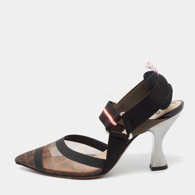 Pre Owned Fendi Black/Brown Mesh  And Canvas Colibri Slingback Pumps  Size 37