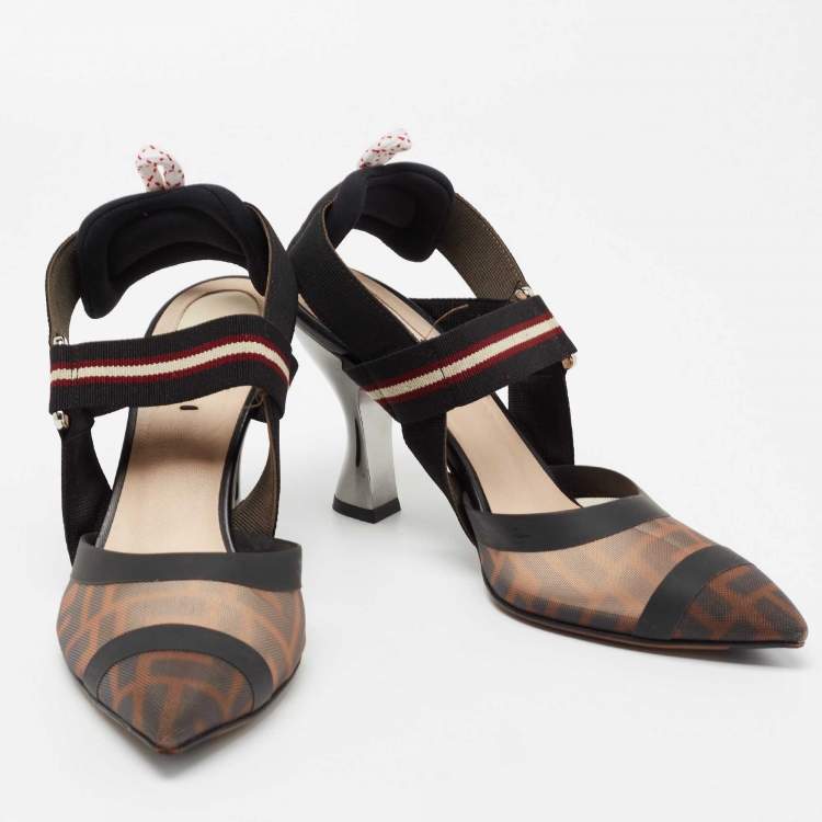 Pre Owned Fendi Black/Brown Mesh  And Canvas Colibri Slingback Pumps  Size 37