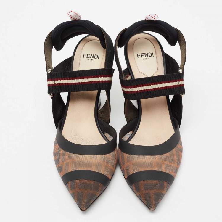 Pre Owned Fendi Black/Brown Mesh  And Canvas Colibri Slingback Pumps  Size 37