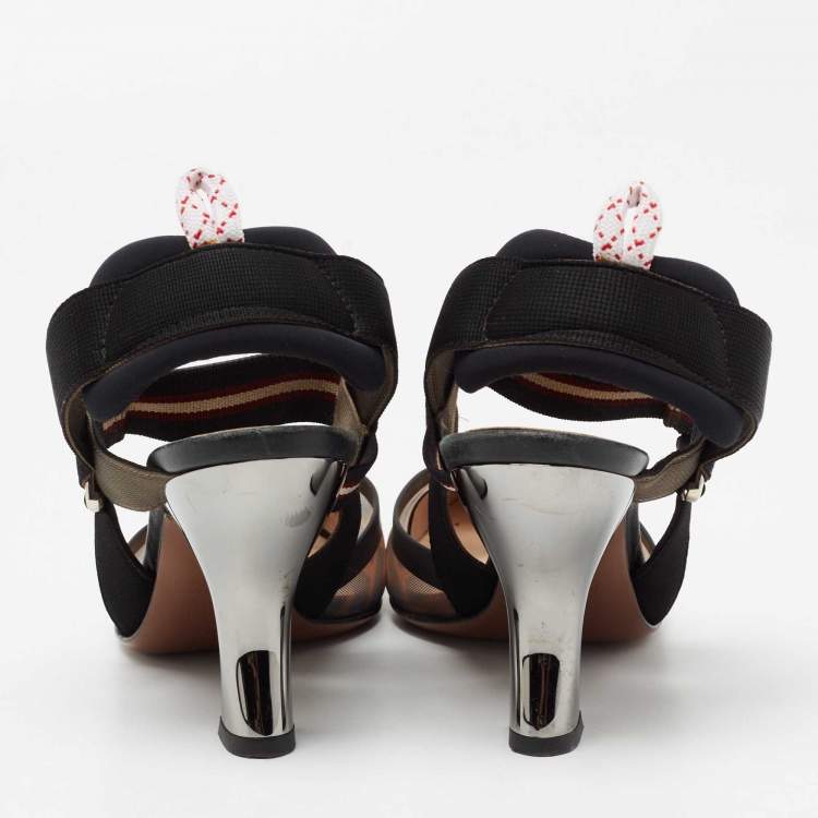 Pre Owned Fendi Black/Brown Mesh  And Canvas Colibri Slingback Pumps  Size 37