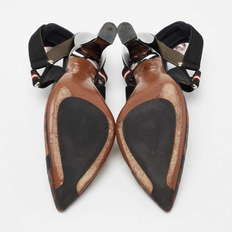 Pre Owned Fendi Black/Brown Mesh  And Canvas Colibri Slingback Pumps  Size 37