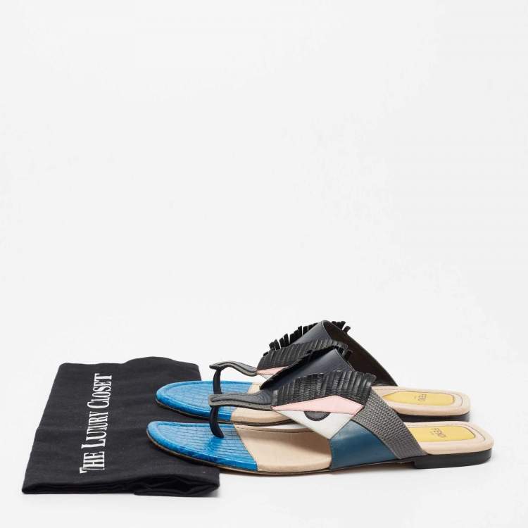 Pre Owned Fendi Multicolor Croc Embossed and Leather Bug Monster Thong Sandals Size 40