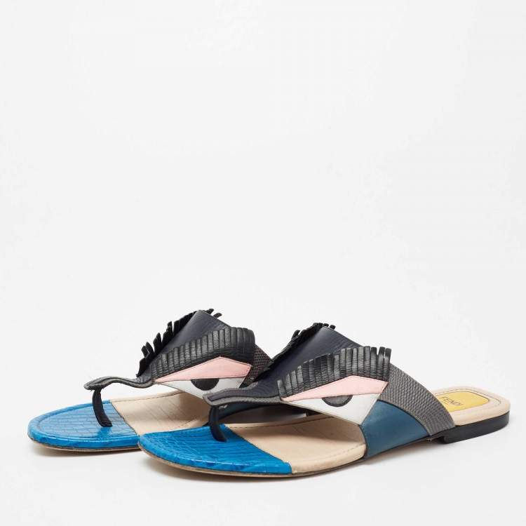 Pre Owned Fendi Multicolor Croc Embossed and Leather Bug Monster Thong Sandals Size 40