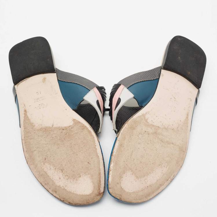 Pre Owned Fendi Multicolor Croc Embossed and Leather Bug Monster Thong Sandals Size 40