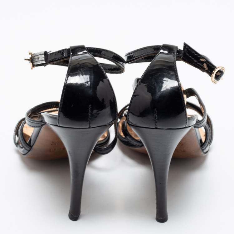 Pre Owned Fendi Black Patent Leather Strappy Ankle Strap Sandals Size 38.5