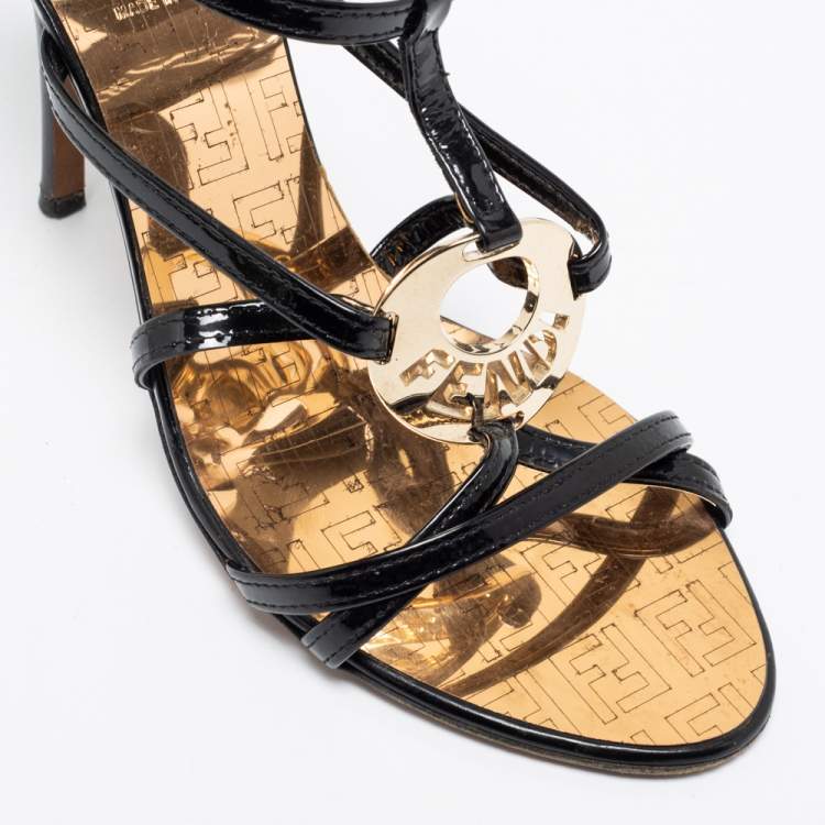 Pre Owned Fendi Black Patent Leather Strappy Ankle Strap Sandals Size 38.5
