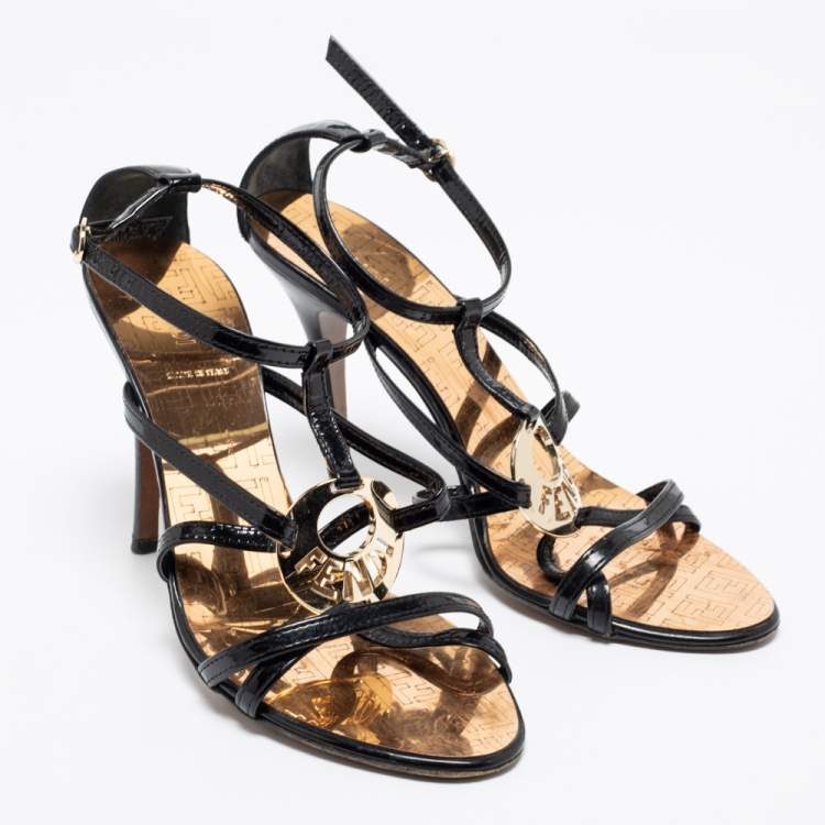 Pre Owned Fendi Black Patent Leather Strappy Ankle Strap Sandals Size 38.5