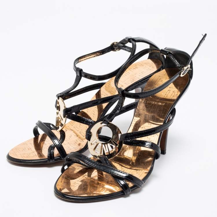 Pre Owned Fendi Black Patent Leather Strappy Ankle Strap Sandals Size 38.5