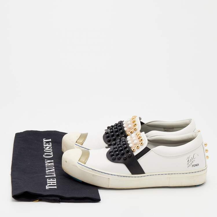 Pre Owned Fendi White/Black Leather Studded Karlito Slip On Sneakers Size 39