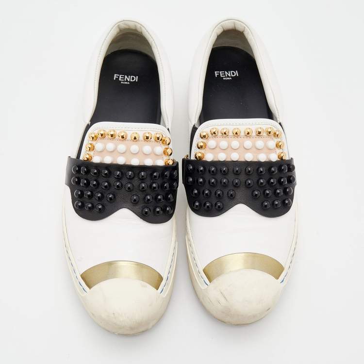 Pre Owned Fendi White/Black Leather Studded Karlito Slip On Sneakers Size 39