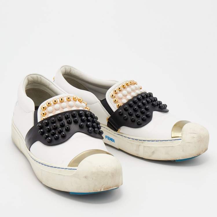 Pre Owned Fendi White/Black Leather Studded Karlito Slip On Sneakers Size 39