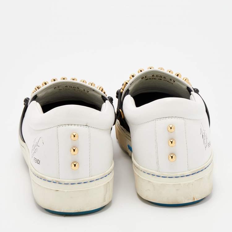 Pre Owned Fendi White/Black Leather Studded Karlito Slip On Sneakers Size 39