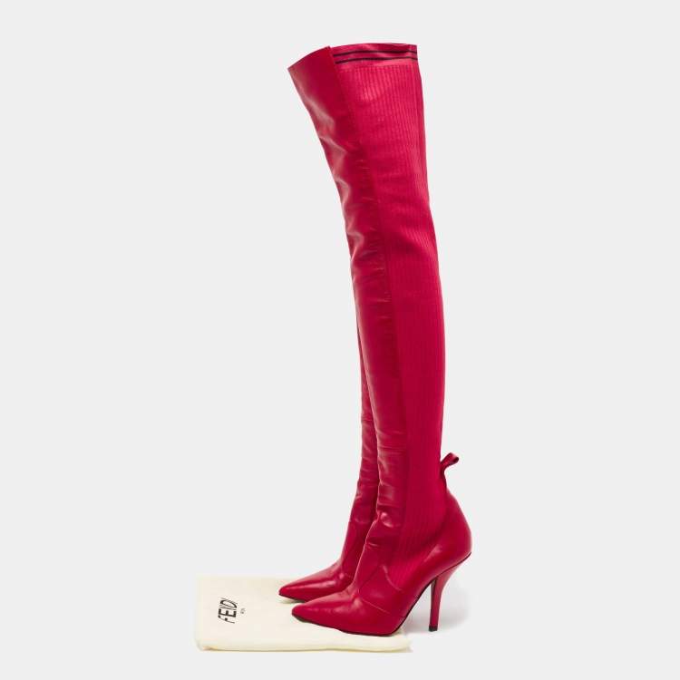 مملوكة مسبقًا Fendi Red Leather And Striped Fabric Thigh High Boots Size 38