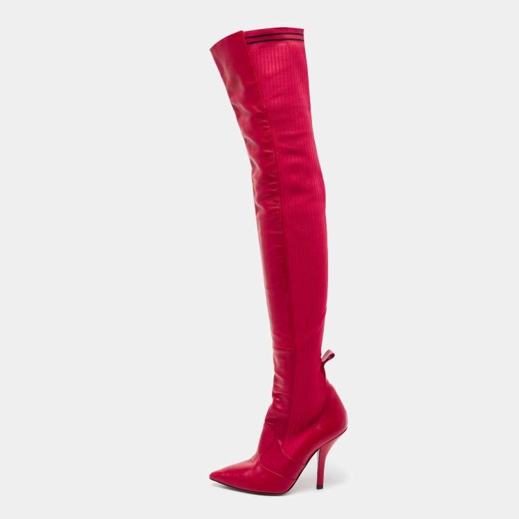 مملوكة مسبقًا Fendi Red Leather And Striped Fabric Thigh High Boots Size 38