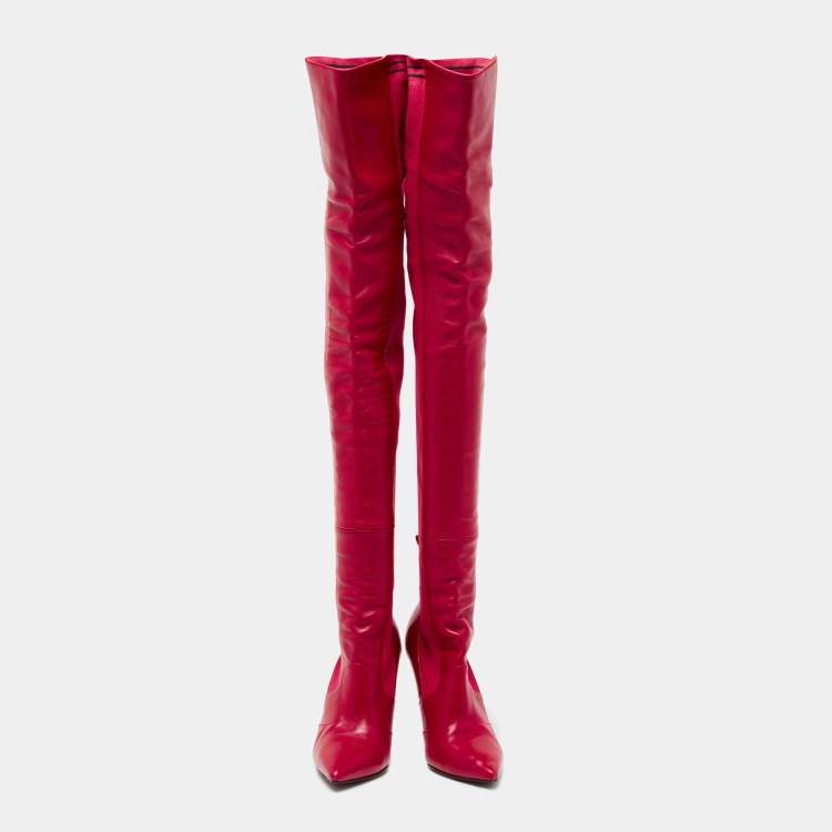 مملوكة مسبقًا Fendi Red Leather And Striped Fabric Thigh High Boots Size 38