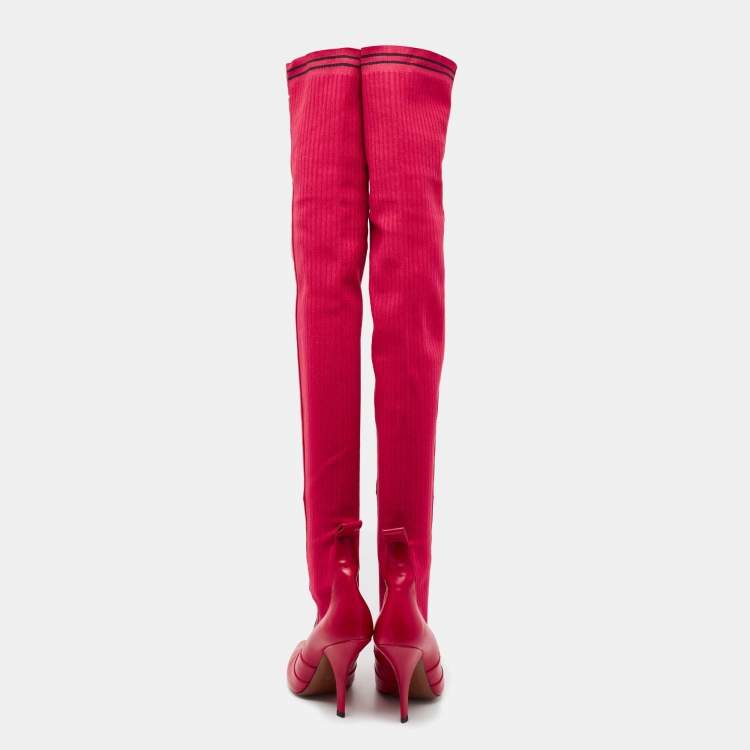 مملوكة مسبقًا Fendi Red Leather And Striped Fabric Thigh High Boots Size 38