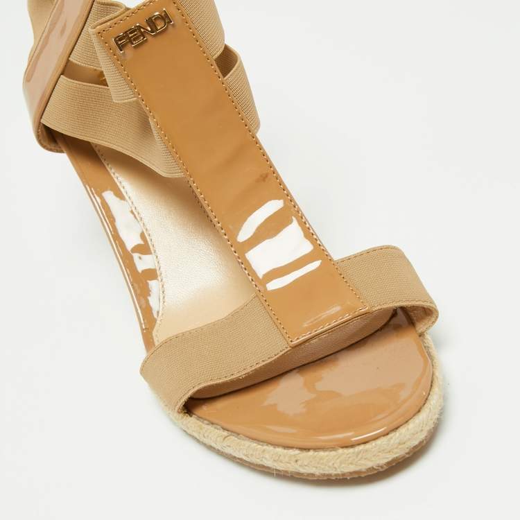 Pre Owned Fendi Beige Patent Leather And Elastic Fabric Carioca Wedge Espadrille Sandals Size 37.5 