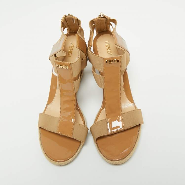 Pre Owned Fendi Beige Patent Leather And Elastic Fabric Carioca Wedge Espadrille Sandals Size 37.5 