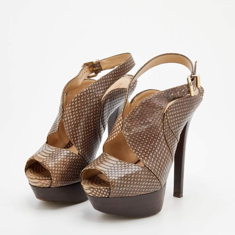 Pre Owned Fendi Brown Python Embossed Leather Platform Slingback Sandals Size 38