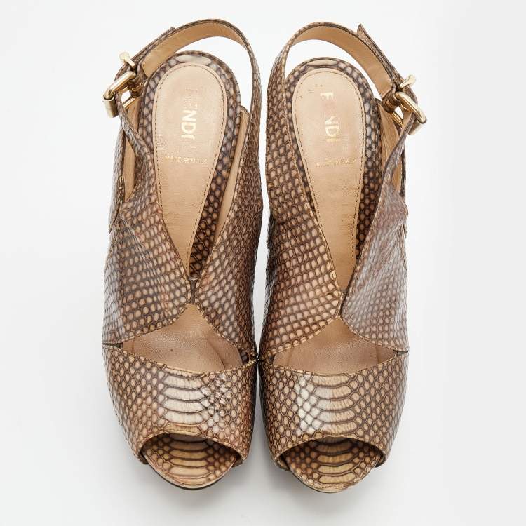 Pre Owned Fendi Brown Python Embossed Leather Platform Slingback Sandals Size 38
