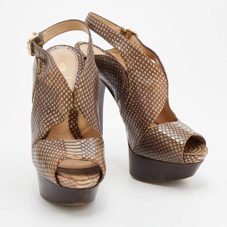 Pre Owned Fendi Brown Python Embossed Leather Platform Slingback Sandals Size 38