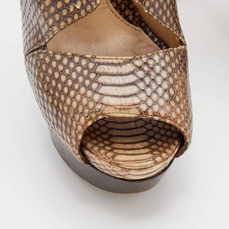 Pre Owned Fendi Brown Python Embossed Leather Platform Slingback Sandals Size 38