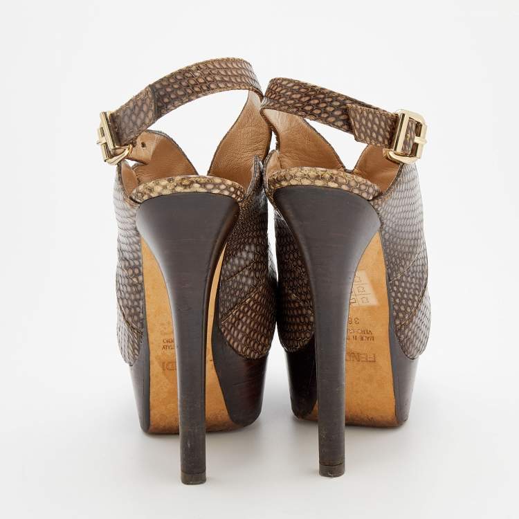 Pre Owned Fendi Brown Python Embossed Leather Platform Slingback Sandals Size 38