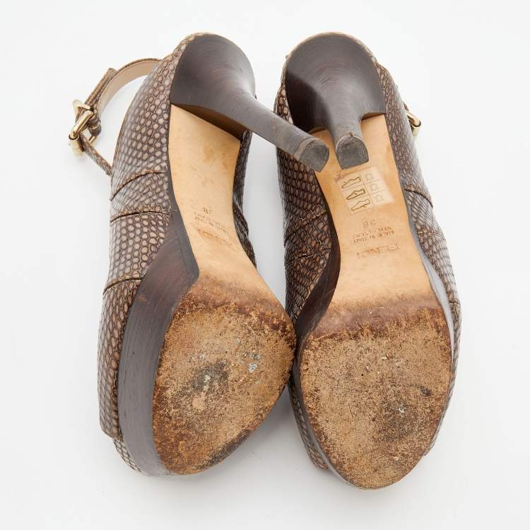 Pre Owned Fendi Brown Python Embossed Leather Platform Slingback Sandals Size 38