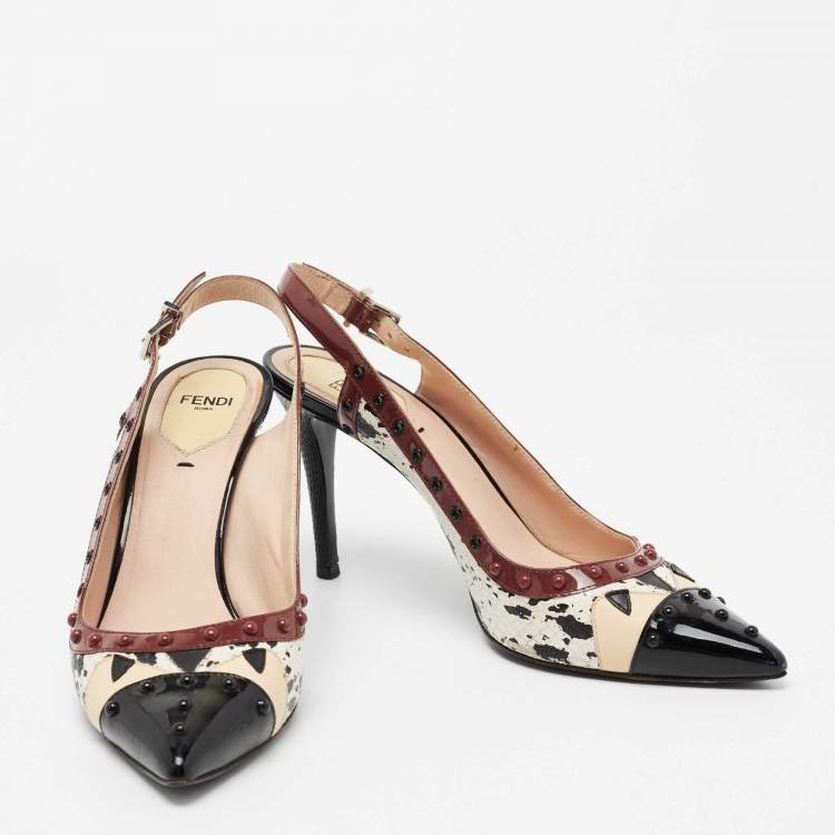 Pre Owned Fendi Multicolor Patent Leather and Python Embossed Leather Monster Eyes Studded Slingback Pumps Size 39