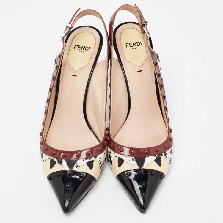 Pre Owned Fendi Multicolor Patent Leather and Python Embossed Leather Monster Eyes Studded Slingback Pumps Size 39
