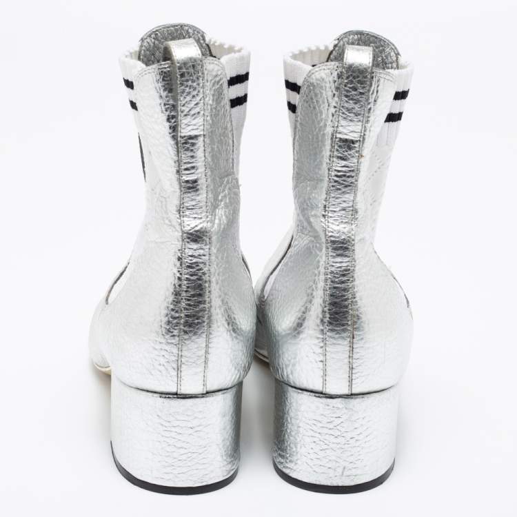 Pre Owned Fendi Metallic Silver Leather Block Heel Ankle Booties Size 38