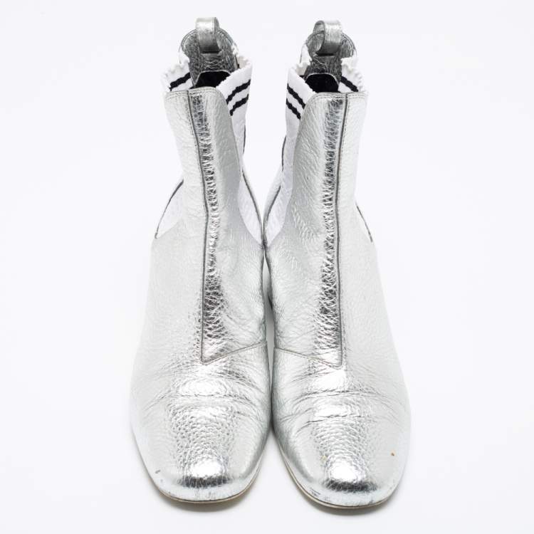 Pre Owned Fendi Metallic Silver Leather Block Heel Ankle Booties Size 38