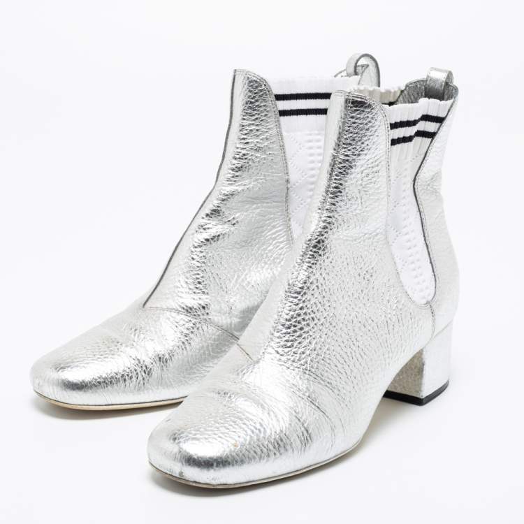 Pre Owned Fendi Metallic Silver Leather Block Heel Ankle Booties Size 38