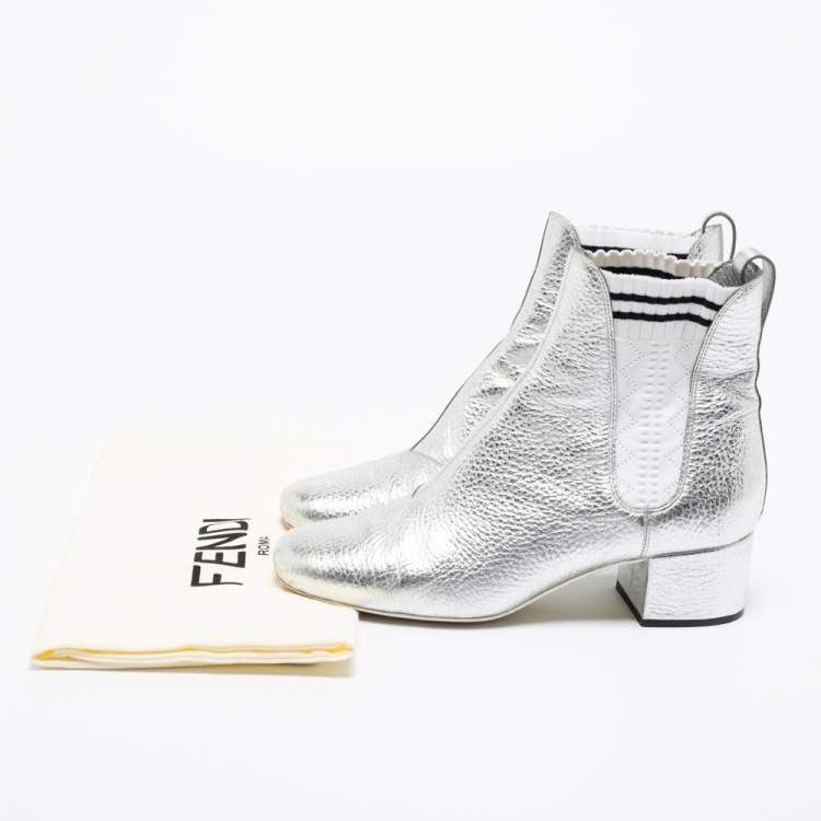 Pre Owned Fendi Metallic Silver Leather Block Heel Ankle Booties Size 38