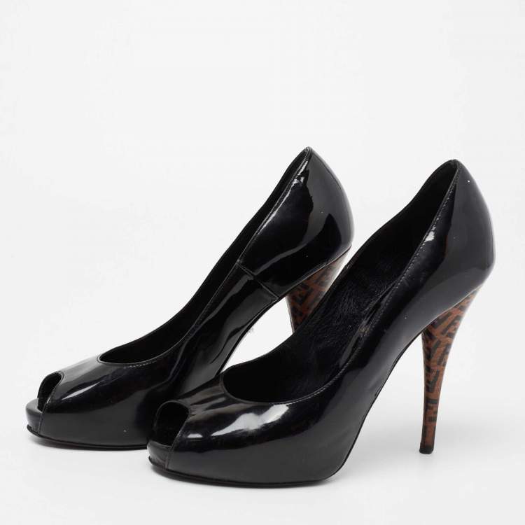 Pre Owned Fendi Black Patent Leather Zucca Print Heel Peep-Toe Pumps Size 38.5