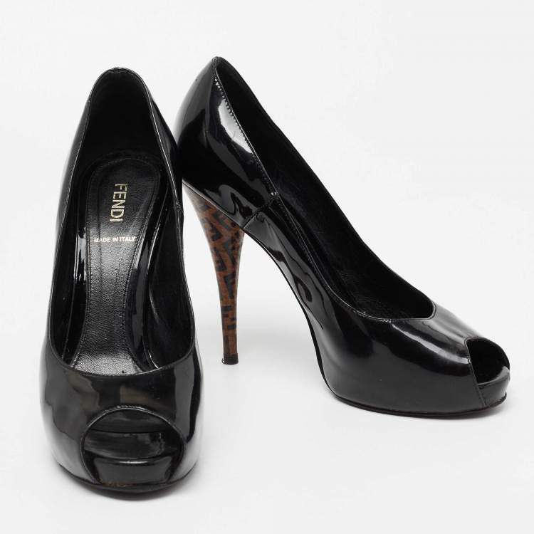 Pre Owned Fendi Black Patent Leather Zucca Print Heel Peep-Toe Pumps Size 38.5