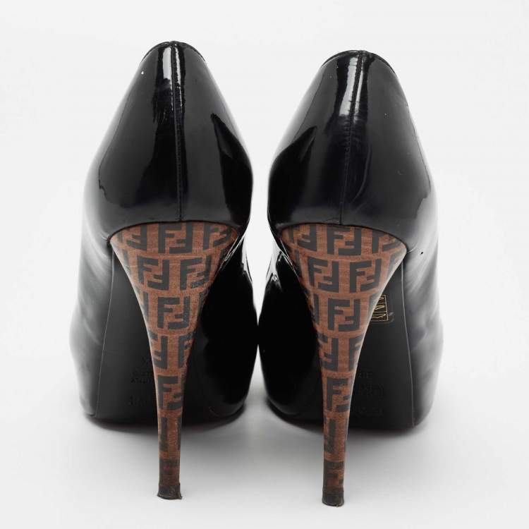 Pre Owned Fendi Black Patent Leather Zucca Print Heel Peep-Toe Pumps Size 38.5