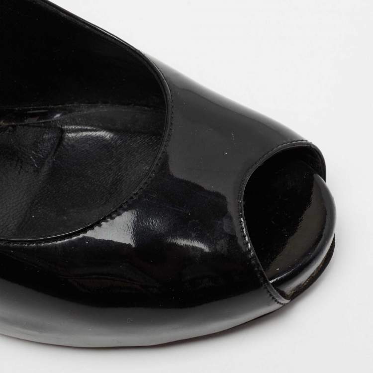 Pre Owned Fendi Black Patent Leather Zucca Print Heel Peep-Toe Pumps Size 38.5