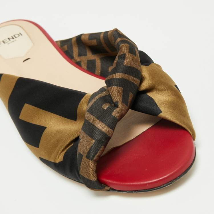 Pre Owned Fendi Tricolor Logo Print Satin Twist Knotted Flat Slides Size 38