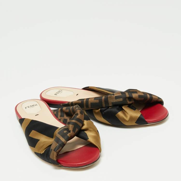 Pre Owned Fendi Tricolor Logo Print Satin Twist Knotted Flat Slides Size 38