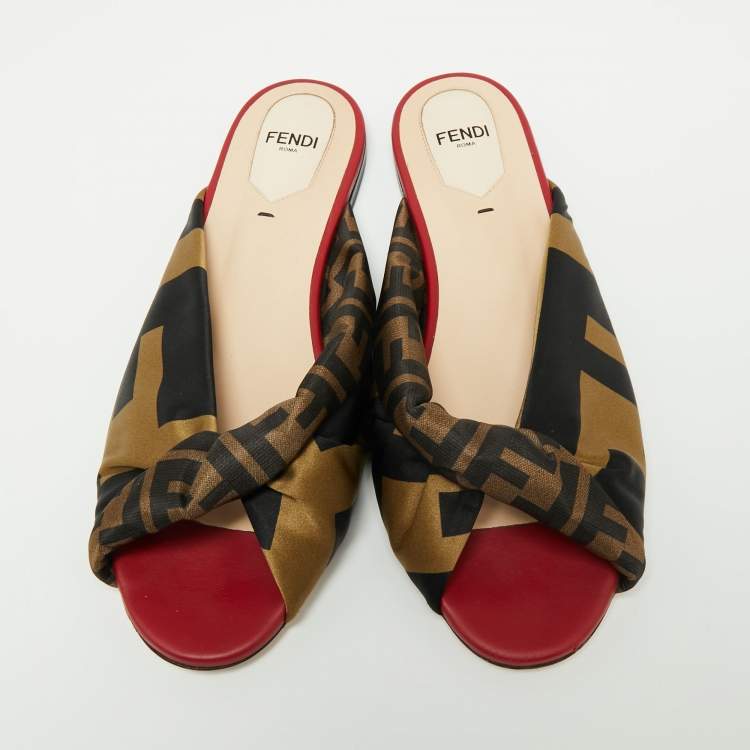 Pre Owned Fendi Tricolor Logo Print Satin Twist Knotted Flat Slides Size 38