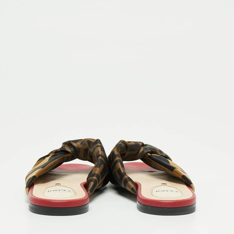 Pre Owned Fendi Tricolor Logo Print Satin Twist Knotted Flat Slides Size 38
