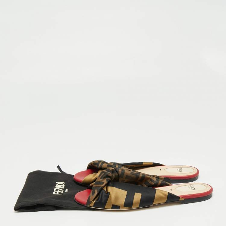 Pre Owned Fendi Tricolor Logo Print Satin Twist Knotted Flat Slides Size 38