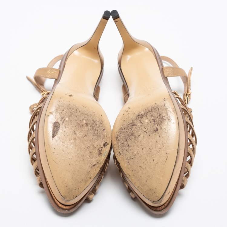 Pre Owned Fendi Metallic Gold/Bronze Leather T Strap Platform Sandals Size 39