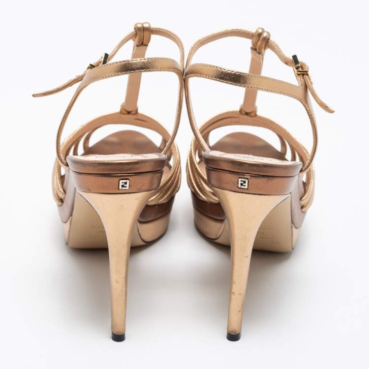 Pre Owned Fendi Metallic Gold/Bronze Leather T Strap Platform Sandals Size 39
