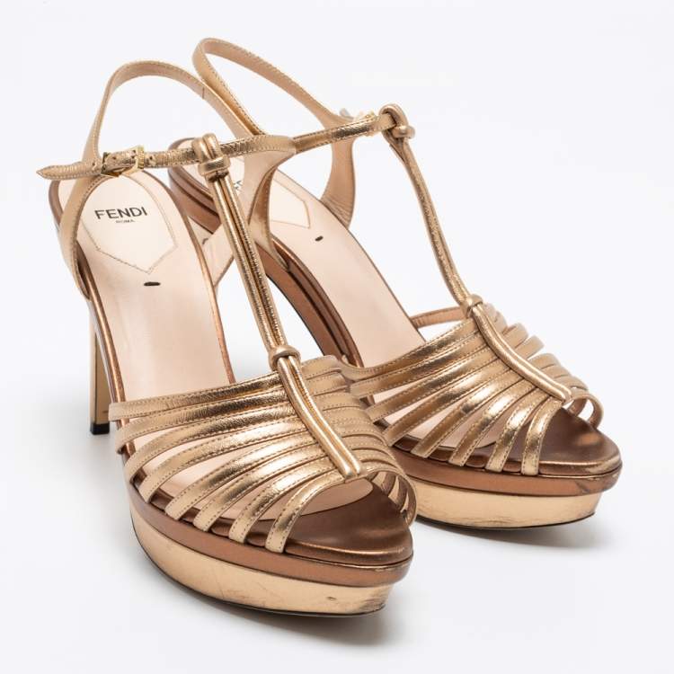 Pre Owned Fendi Metallic Gold/Bronze Leather T Strap Platform Sandals Size 39