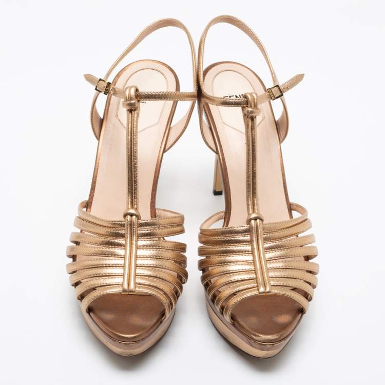 Pre Owned Fendi Metallic Gold/Bronze Leather T Strap Platform Sandals Size 39