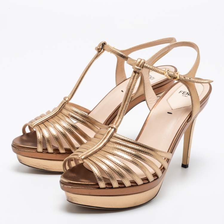 Pre Owned Fendi Metallic Gold/Bronze Leather T Strap Platform Sandals Size 39