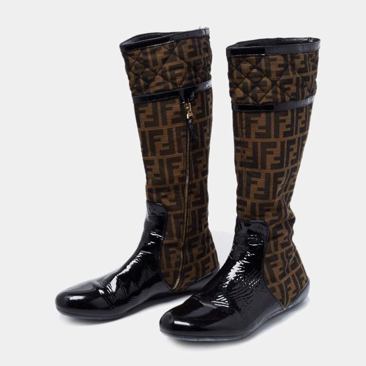 Pre Owned Fendi Brown Logo Canvas and Patent Leather Midcalf Boots Size 40