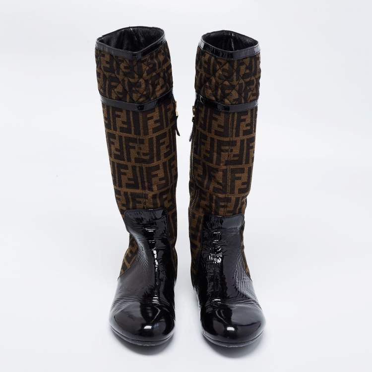 Pre Owned Fendi Brown Logo Canvas and Patent Leather Midcalf Boots Size 40